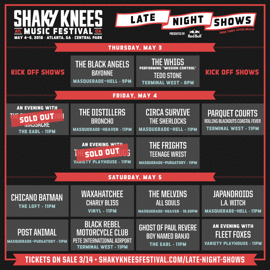 Tickets still available for Shaky Knees Festival and Late Night Shows